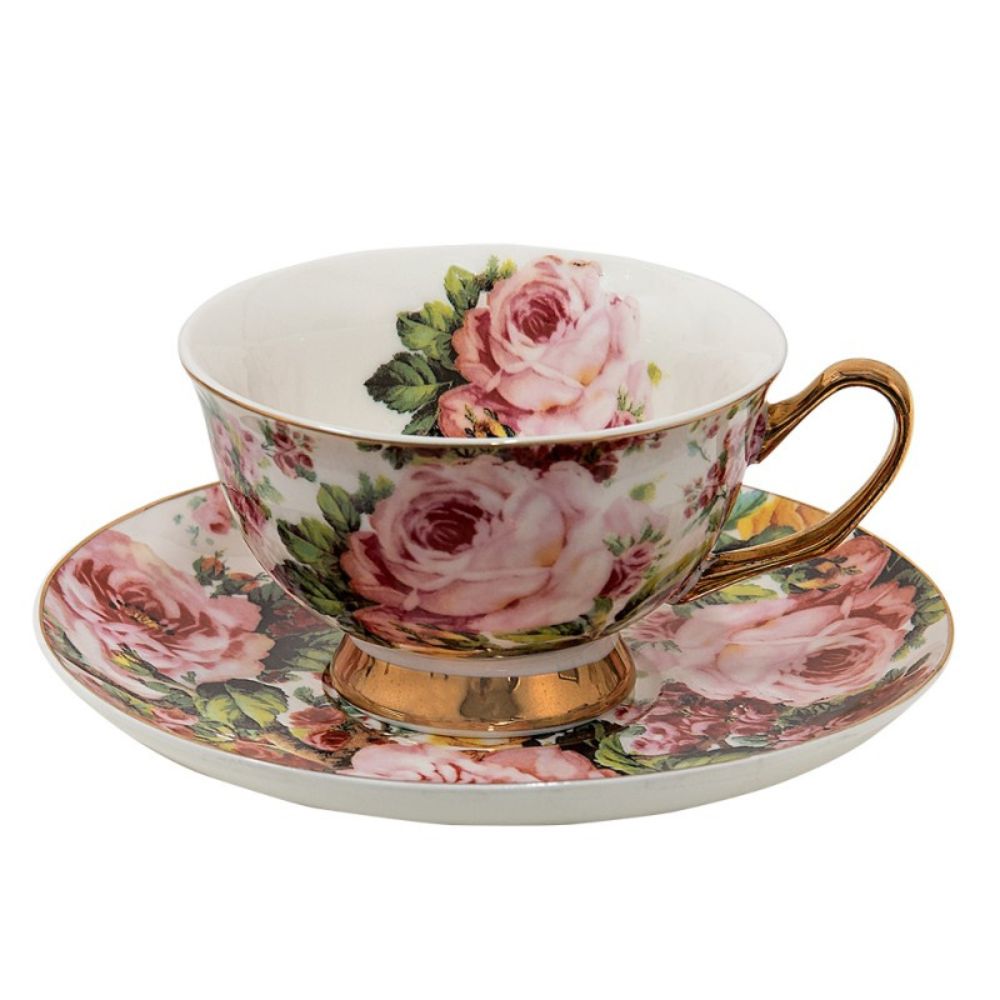 Clayre & Eef Retro & Vintage Pink Porcelain Flowers Cup And Saucer Retro & Vintage Pink Porcelain Flowers Cup And Saucer