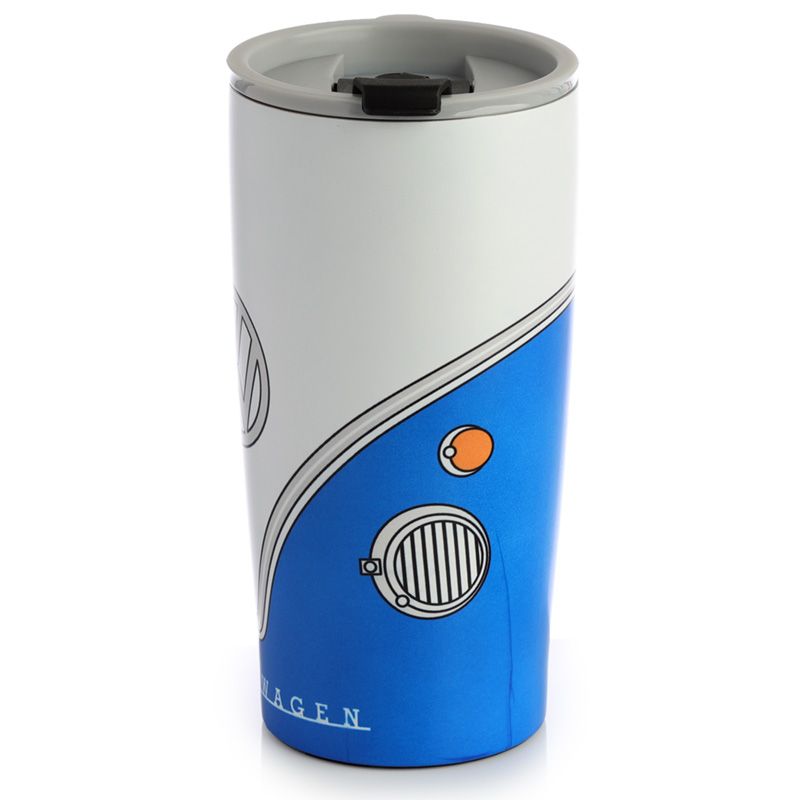Volkswagen VW T1 Camper Bus Blue Reusable Stainless Hot & Cold Thermal Insulated Food & Drink Cup 500ml Suitable for hot and cold drinks. Keeps liquids cold for up to 8 hours or warm for up to 6 hours. The lid has a steam release valve in the centre and a secure flip up cover over the drinking hole.