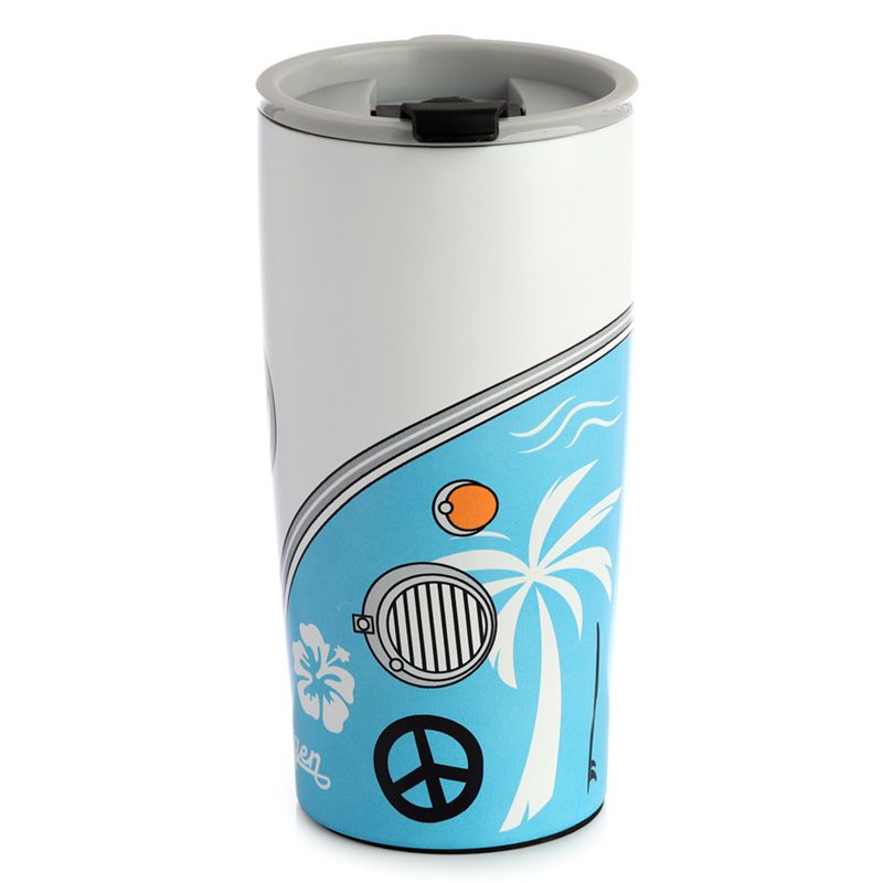 Volkswagen VW T1 Camper Bus Surf Adventure Reusable Stainless Hot & Cold Thermal Insulated Food & Drink Cup 500ml Suitable for hot and cold drinks. Keeps liquids cold for up to 8 hours or warm for up to 6 hours. The lid has a steam release valve in the centre and a secure flip up cover over the drinking hole.
