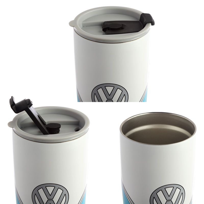 Volkswagen VW T1 Camper Bus Surf Adventure Reusable Stainless Hot & Cold Thermal Insulated Food & Drink Cup 500ml Suitable for hot and cold drinks. Keeps liquids cold for up to 8 hours or warm for up to 6 hours. The lid has a steam release valve in the centre and a secure flip up cover over the drinking hole.