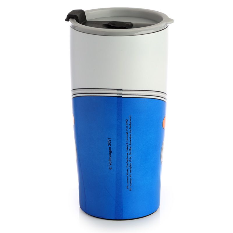 Volkswagen VW T1 Camper Bus Blue Reusable Stainless Hot & Cold Thermal Insulated Food & Drink Cup 500ml Suitable for hot and cold drinks. Keeps liquids cold for up to 8 hours or warm for up to 6 hours. The lid has a steam release valve in the centre and a secure flip up cover over the drinking hole.