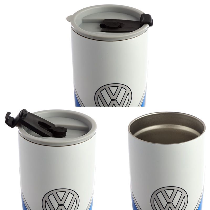 Volkswagen VW T1 Camper Bus Blue Reusable Stainless Hot & Cold Thermal Insulated Food & Drink Cup 500ml Suitable for hot and cold drinks. Keeps liquids cold for up to 8 hours or warm for up to 6 hours. The lid has a steam release valve in the centre and a secure flip up cover over the drinking hole.
