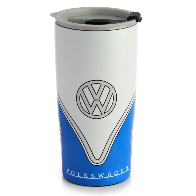Volkswagen VW T1 Camper Bus Blue Reusable Stainless Hot & Cold Thermal Insulated Food & Drink Cup 500ml Suitable for hot and cold drinks. Keeps liquids cold for up to 8 hours or warm for up to 6 hours. The lid has a steam release valve in the centre and a secure flip up cover over the drinking hole.