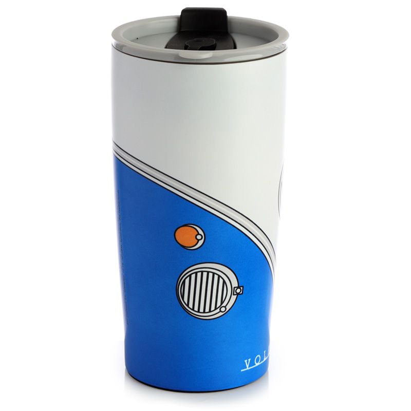 Volkswagen VW T1 Camper Bus Blue Reusable Stainless Hot & Cold Thermal Insulated Food & Drink Cup 500ml Suitable for hot and cold drinks. Keeps liquids cold for up to 8 hours or warm for up to 6 hours. The lid has a steam release valve in the centre and a secure flip up cover over the drinking hole.