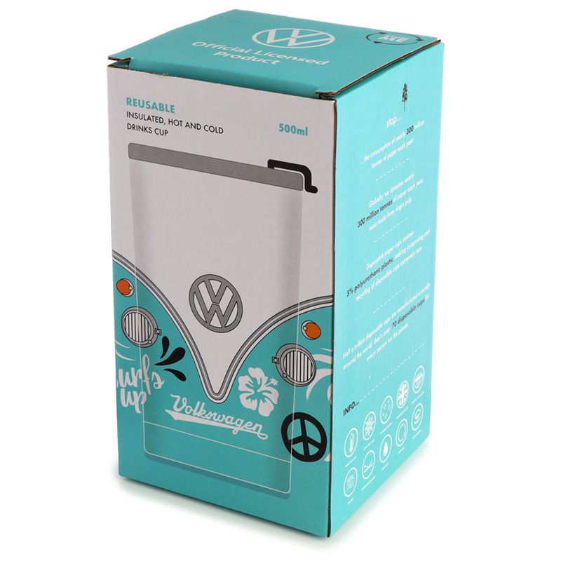 Volkswagen VW T1 Camper Bus Surf Adventure Reusable Stainless Hot & Cold Thermal Insulated Food & Drink Cup 500ml Suitable for hot and cold drinks. Keeps liquids cold for up to 8 hours or warm for up to 6 hours. The lid has a steam release valve in the centre and a secure flip up cover over the drinking hole.