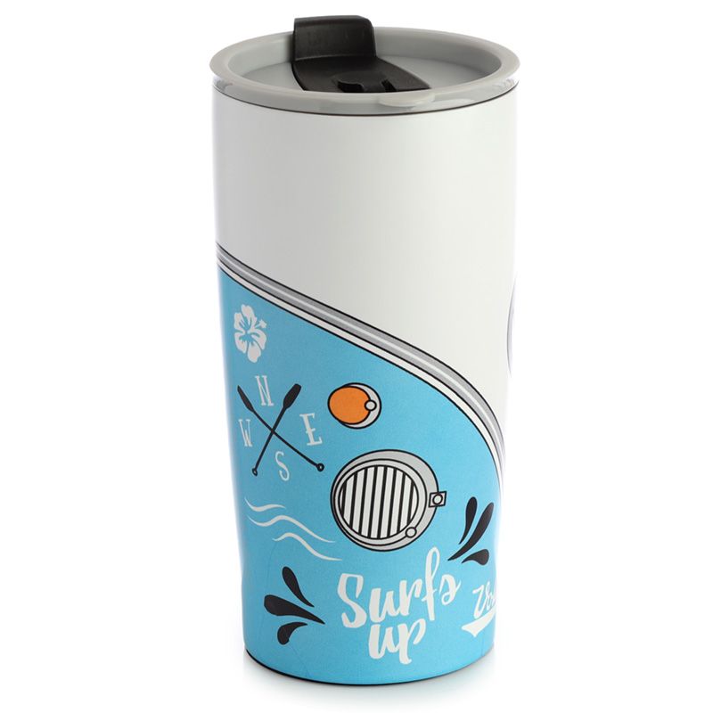 Volkswagen VW T1 Camper Bus Surf Adventure Reusable Stainless Hot & Cold Thermal Insulated Food & Drink Cup 500ml Suitable for hot and cold drinks. Keeps liquids cold for up to 8 hours or warm for up to 6 hours. The lid has a steam release valve in the centre and a secure flip up cover over the drinking hole.