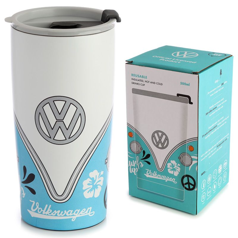 Volkswagen VW T1 Camper Bus Surf Adventure Reusable Stainless Hot & Cold Thermal Insulated Food & Drink Cup 500ml Suitable for hot and cold drinks. Keeps liquids cold for up to 8 hours or warm for up to 6 hours. The lid has a steam release valve in the centre and a secure flip up cover over the drinking hole.