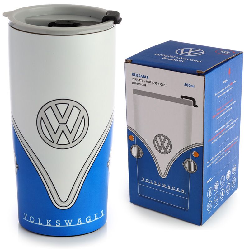Volkswagen VW T1 Camper Bus Blue Reusable Stainless Hot & Cold Thermal Insulated Food & Drink Cup 500ml Suitable for hot and cold drinks. Keeps liquids cold for up to 8 hours or warm for up to 6 hours. The lid has a steam release valve in the centre and a secure flip up cover over the drinking hole.