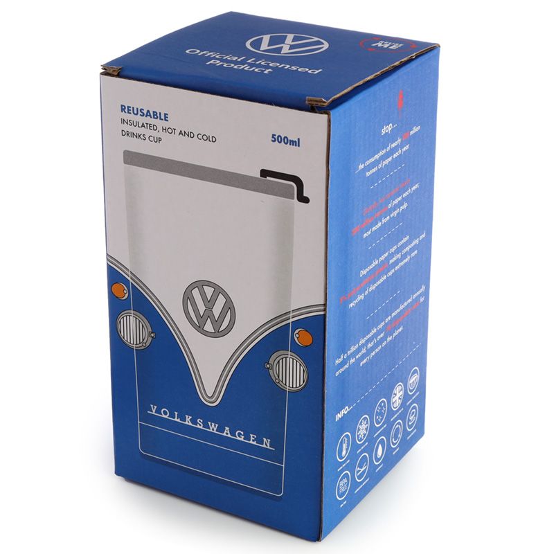 Volkswagen VW T1 Camper Bus Blue Reusable Stainless Hot & Cold Thermal Insulated Food & Drink Cup 500ml Suitable for hot and cold drinks. Keeps liquids cold for up to 8 hours or warm for up to 6 hours. The lid has a steam release valve in the centre and a secure flip up cover over the drinking hole.
