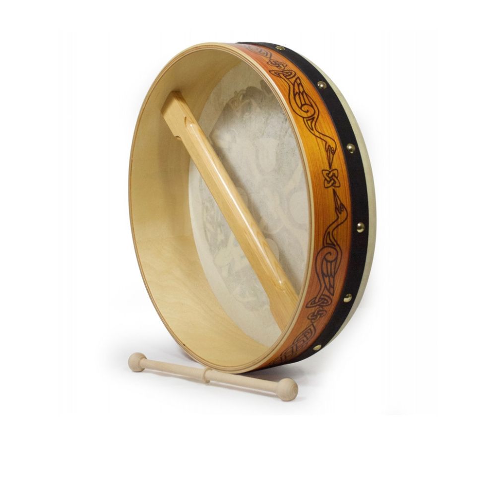 Waltons 15" Celtic Pyrographic Design Bodhran Bodhrán is one of Irelands traditional percussive instruments. The Walton's design bodhráns include a hardwood Waltons beater. The 12" bodhráns are suitable for beginners or children. Handcrafted in Ireland from the finest wood and real goatskin.