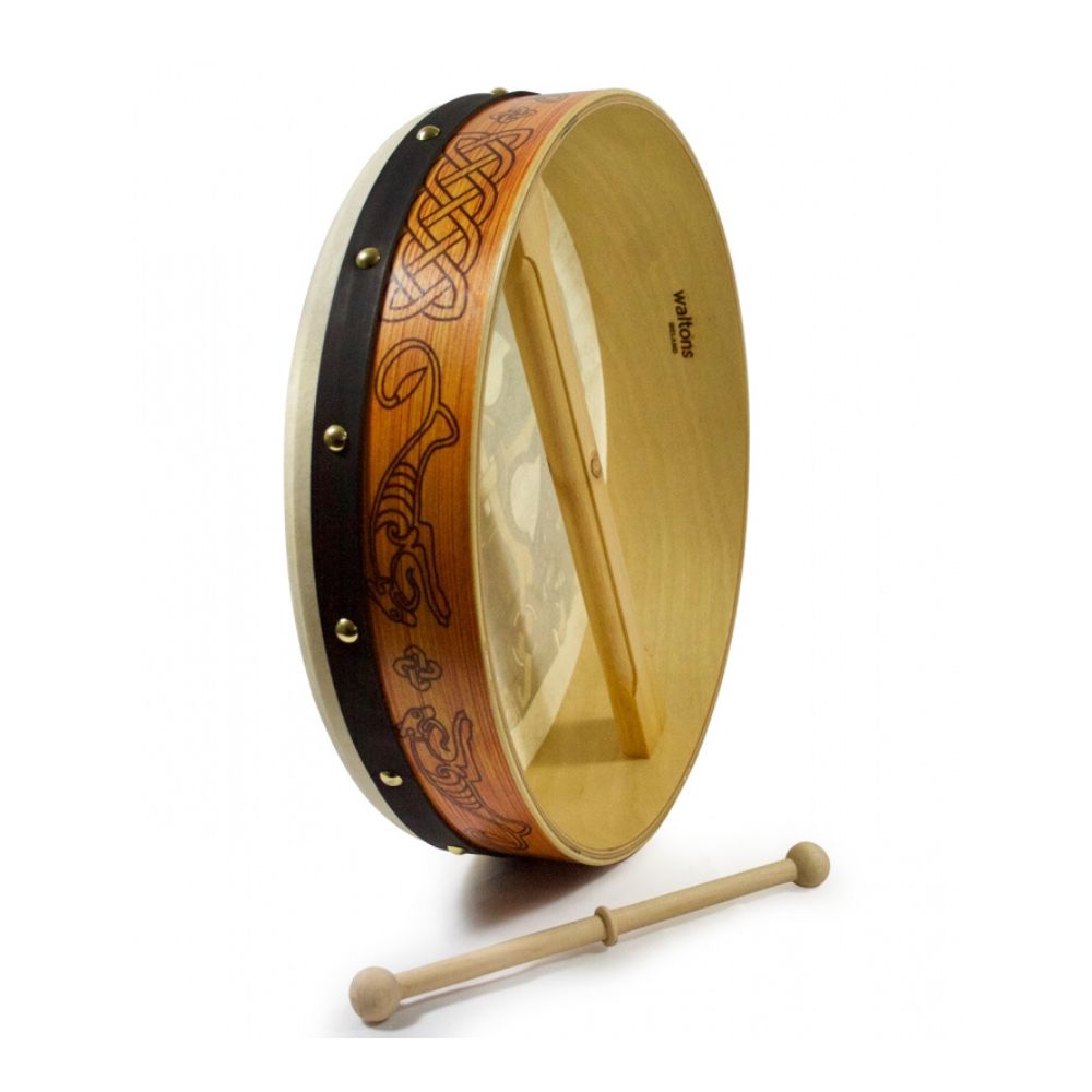 Waltons 15" Celtic Pyrographic Design Bodhran Bodhrán is one of Irelands traditional percussive instruments. The Walton's design bodhráns include a hardwood Waltons beater. The 12" bodhráns are suitable for beginners or children. Handcrafted in Ireland from the finest wood and real goatskin.