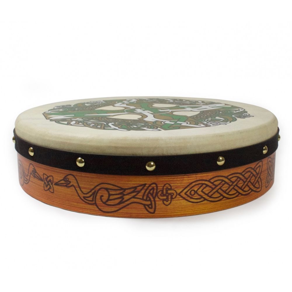 Waltons 15" Celtic Pyrographic Design Bodhran Bodhrán is one of Irelands traditional percussive instruments. The Walton's design bodhráns include a hardwood Waltons beater. The 12" bodhráns are suitable for beginners or children. Handcrafted in Ireland from the finest wood and real goatskin.