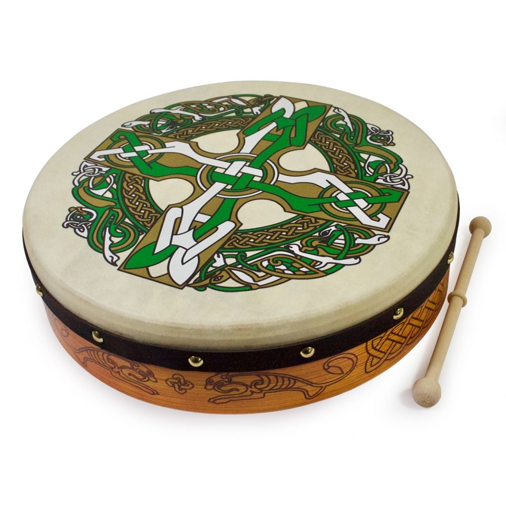 Waltons 15" Celtic Pyrographic Design Bodhran Bodhrán is one of Irelands traditional percussive instruments. The Walton's design bodhráns include a hardwood Waltons beater. The 12" bodhráns are suitable for beginners or children. Handcrafted in Ireland from the finest wood and real goatskin.