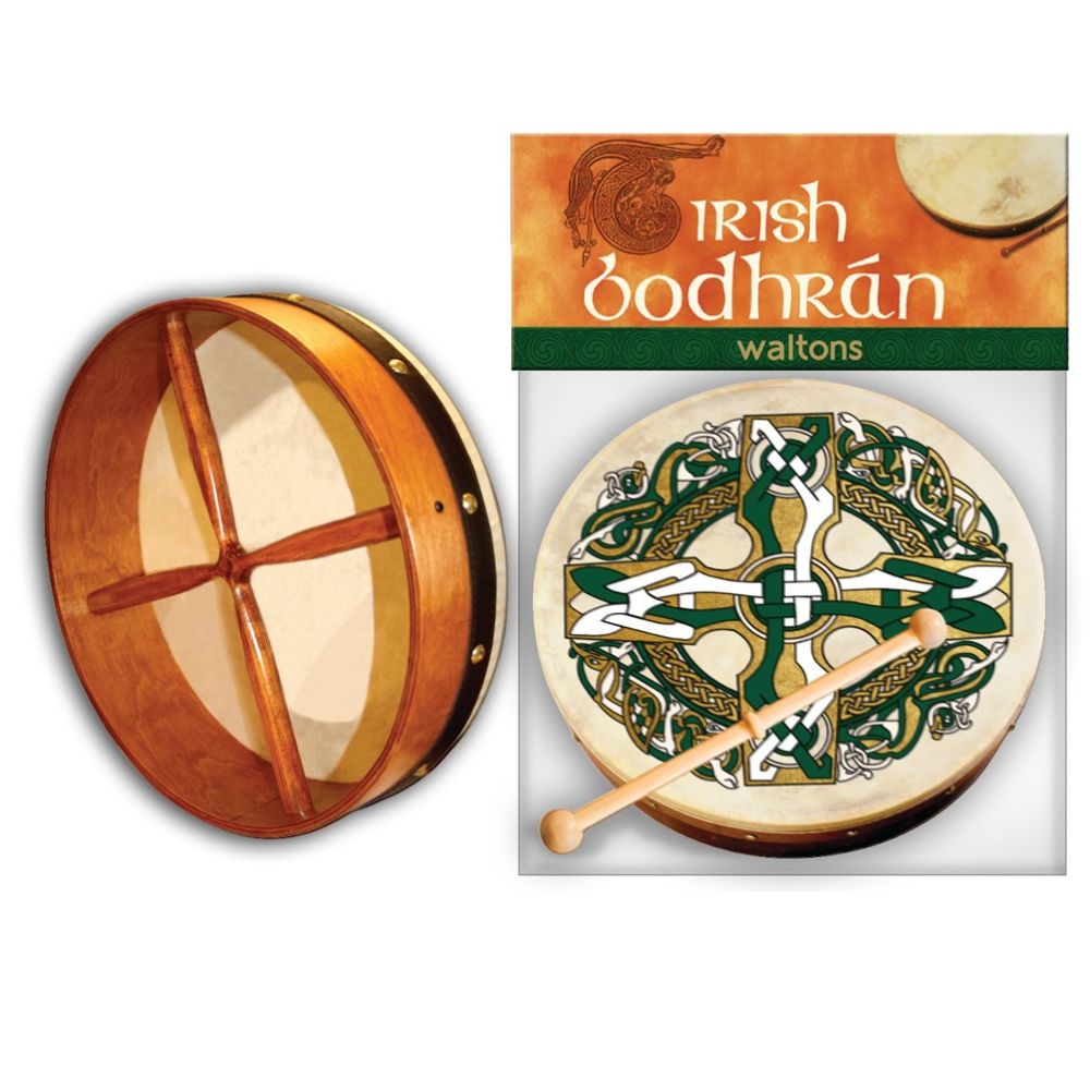 Waltons 8" Celtic Design Bodhran Gaelic Cross Great entry-level bodhrán with celtic design. Handcrafted from the finest wood with real goatskin heads. Hardwood beater included with every bodhrán.