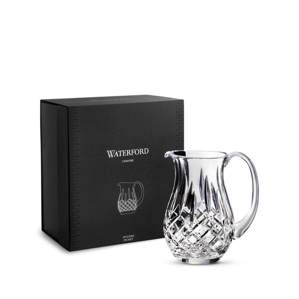 Waterford Lismore Pitcher  This elegant Lismore Pitcher brings luxury style to entertaining at home, as you confidently pour homemade lemonade, iced water or a refreshing fruit punch for welcome guests. Crafted from the finest crystal, this generously proportioned jug pitcher has a reassuring weight and sturdy handle that makes pouring the perfect serving simply effortless. 