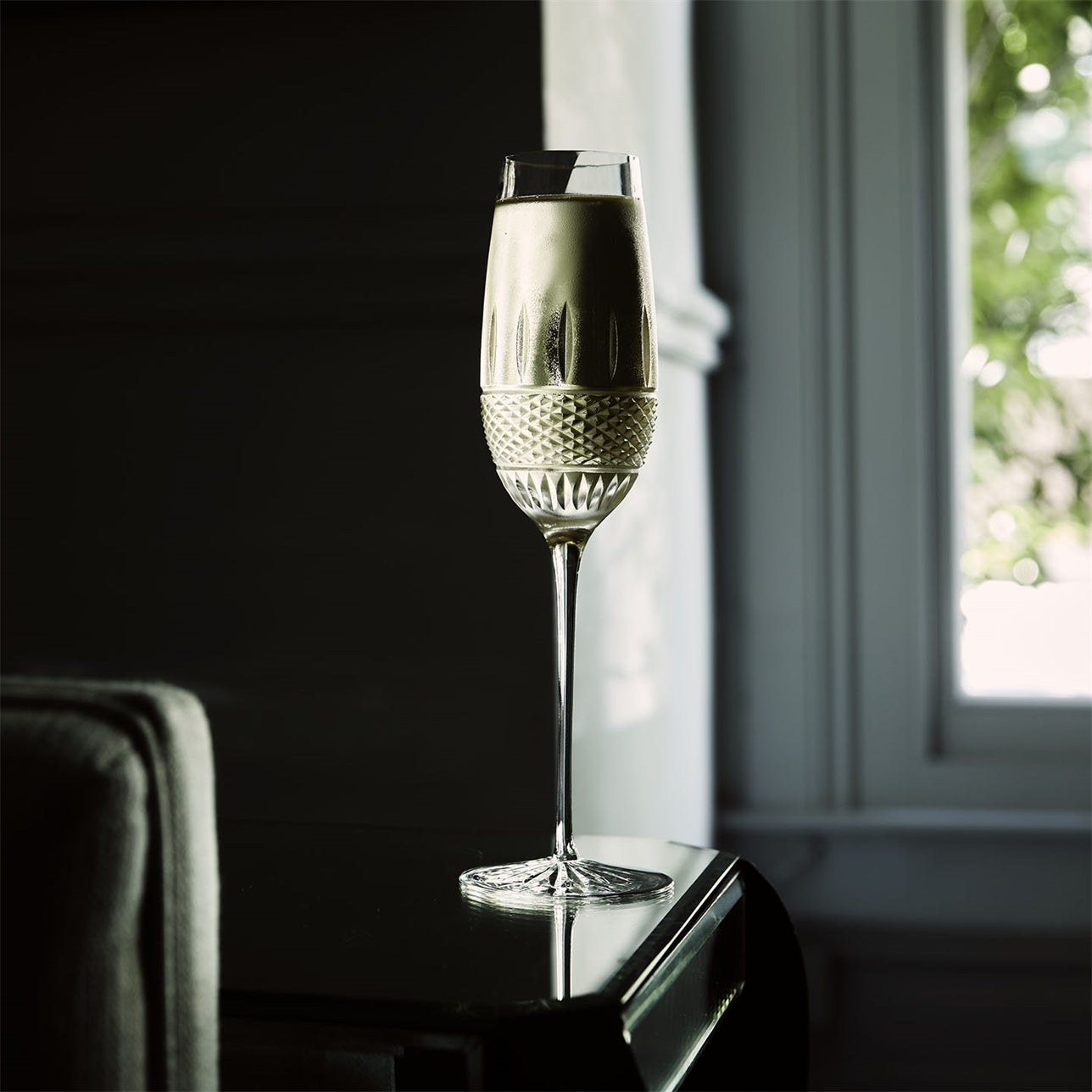 Waterford Irish Lace Flute Pair Simultaneously unique and timeless, these stunning flutes have the comforting weight you would expect from Waterford crystal. Featuring a cut pattern reminiscent of a bobbin used to sew Irish lace, this elegant crystal stemware tells a story of the ultimate craftsmanship, fine detailing and heritage, and will grace your home for generations.