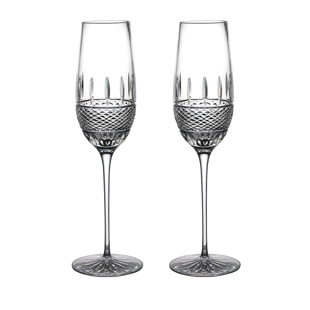 Waterford Irish Lace Flute Pair Simultaneously unique and timeless, these stunning flutes have the comforting weight you would expect from Waterford crystal. Featuring a cut pattern reminiscent of a bobbin used to sew Irish lace, this elegant crystal stemware tells a story of the ultimate craftsmanship, fine detailing and heritage, and will grace your home for generations.