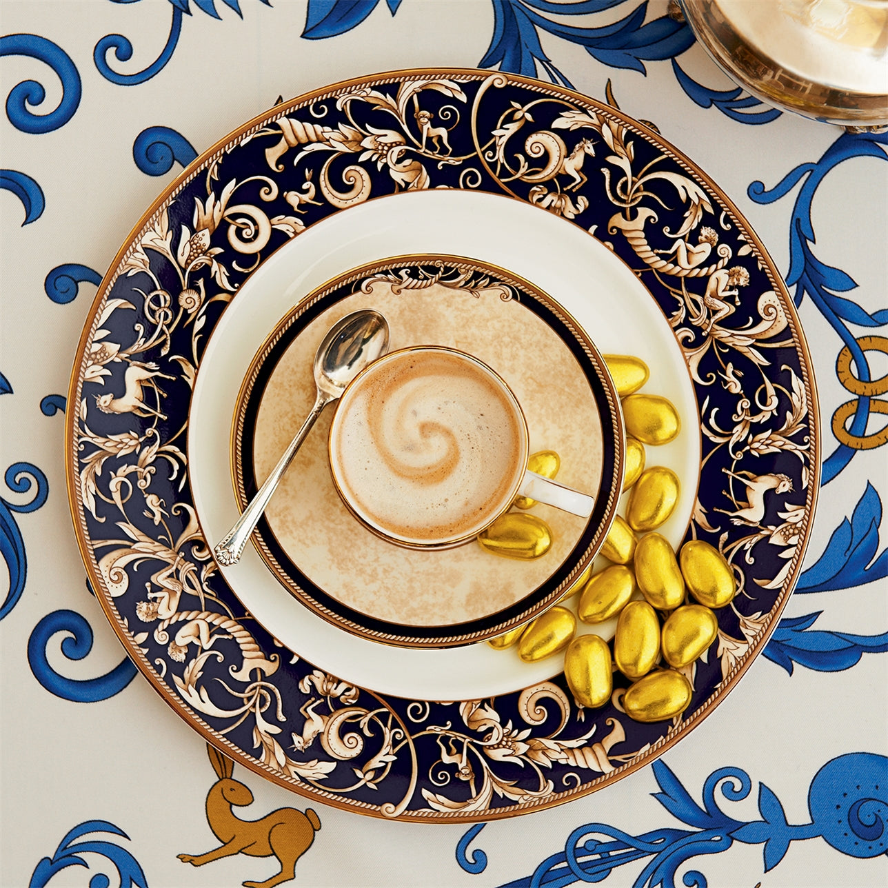 Cornucopia Dinner Plate Accent 27cm by Wedgwood  Wedgwood Cornucopia is inspired by the mythical 'Horn of Plenty,' and is characterized by designs featuring legendary creatures like unicorns and satyrs.