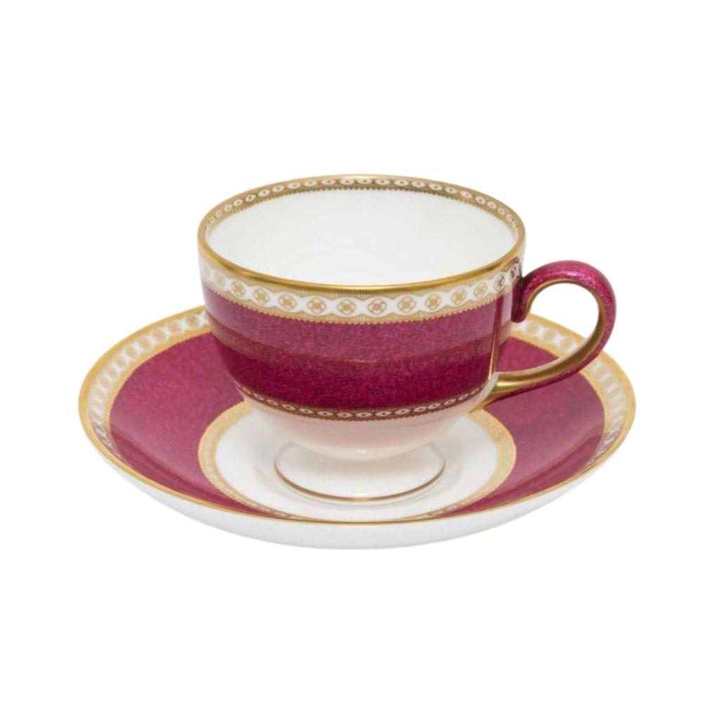 Wedgwood Ulander Powder Ruby Tea Cup Set White-bodied, exquisite fine bone china footed tea cup set.