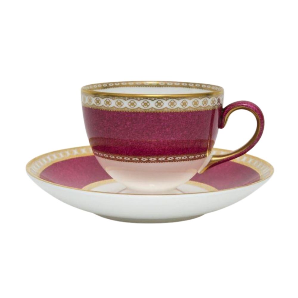 Wedgwood Ulander Powder Ruby Tea Cup Set White-bodied, exquisite fine bone china footed tea cup set.