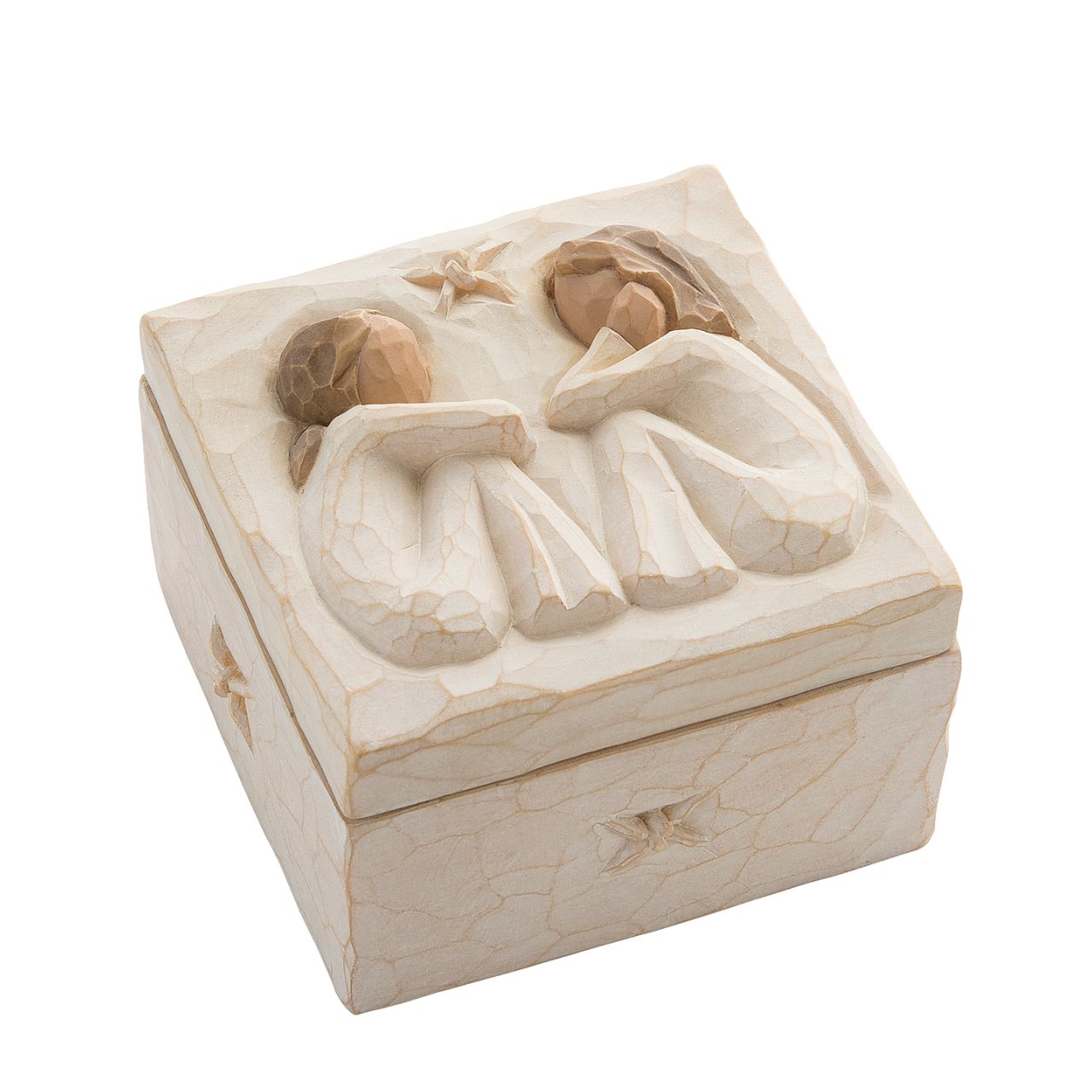 Friendship Keepsake Box by Willow Tree Keepsake Boxes are small, sweet places to keep treasures. Just the right size for jewellery. Hand-painted bas-relief lids are not attached. Inside, the bottom of this box reveals the sentiment, "Forever true, forever friends".