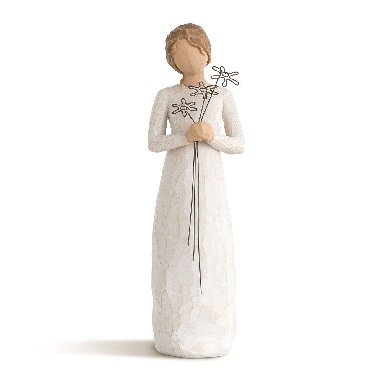 Grateful by Willow Tree Willow Tree is an intimate line of figurative sculptures representing sentiments of love, closeness, healing, courage, hope...all the emotions we encounter in life. Artist Susan Lordi hand carves the original of each Willow Tree sculpture. Pieces are made in cast stone from her original carvings, and then individually painted by hand with lead-free paint.
