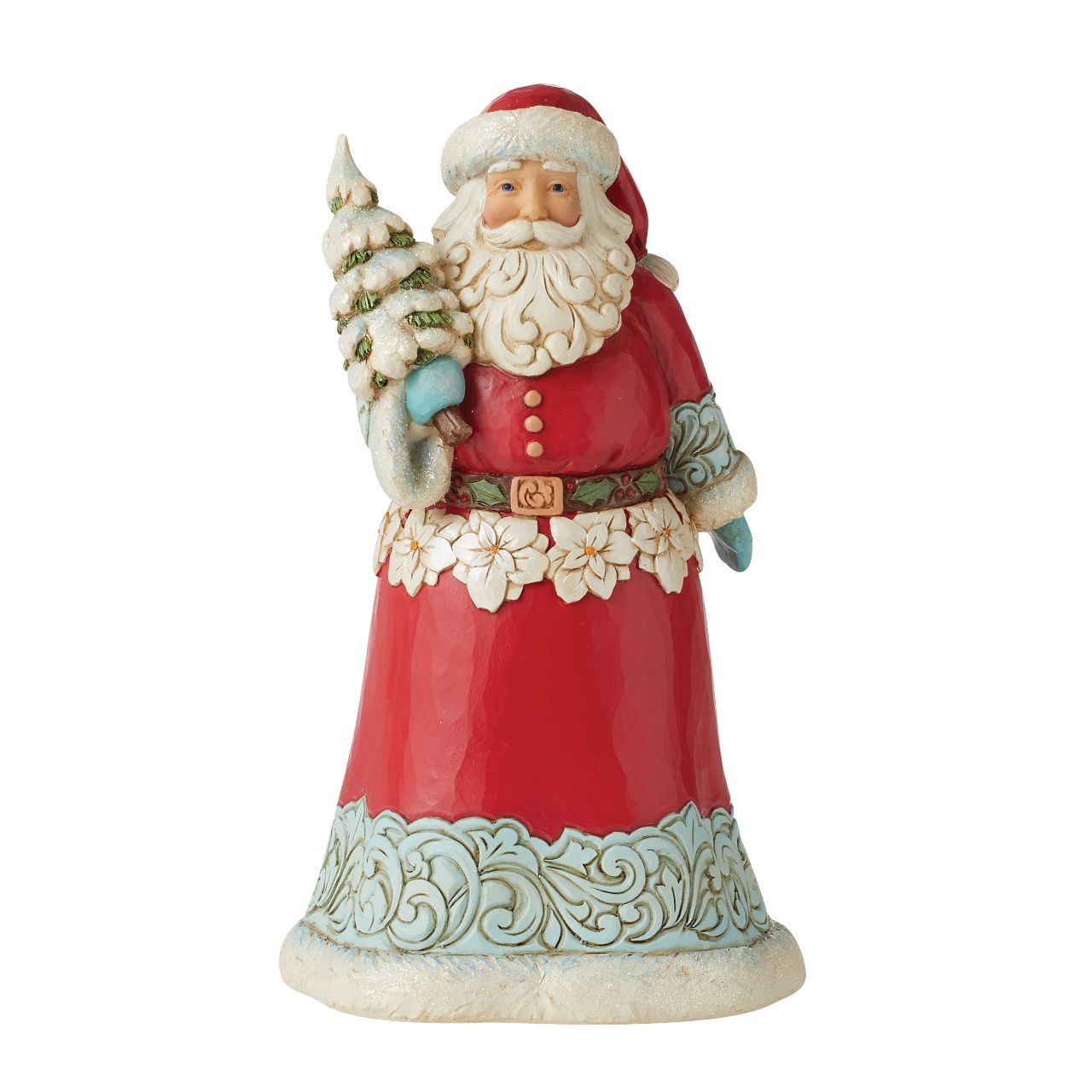 Winter Wonderland Collection Santa Figurine Holding Christmas Tree Winter Wonderland Collection; Bright jewel tones, metallic shimmering and pearlized finishes and coloured glitter accents. This striking Santa holding a glittering Tree is the perfect addition to any Winter Wonderland Collection.