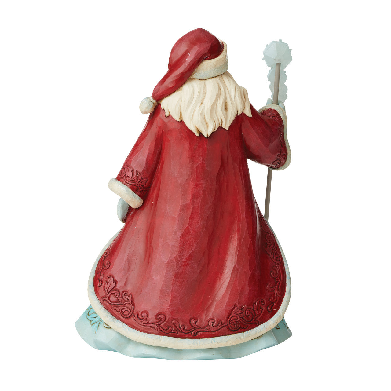 Jim Shore Winter Wonderland Santa with Snowflakes Figurine "Ice and Snow Can Warm The Soul" This icey Santa has been designed by Jim Shore as part of his Winter Wonderland collection. His staff is topped by an acrylic snowflake to add to the feeling of snow and ice before added emblishments of glitter are added.