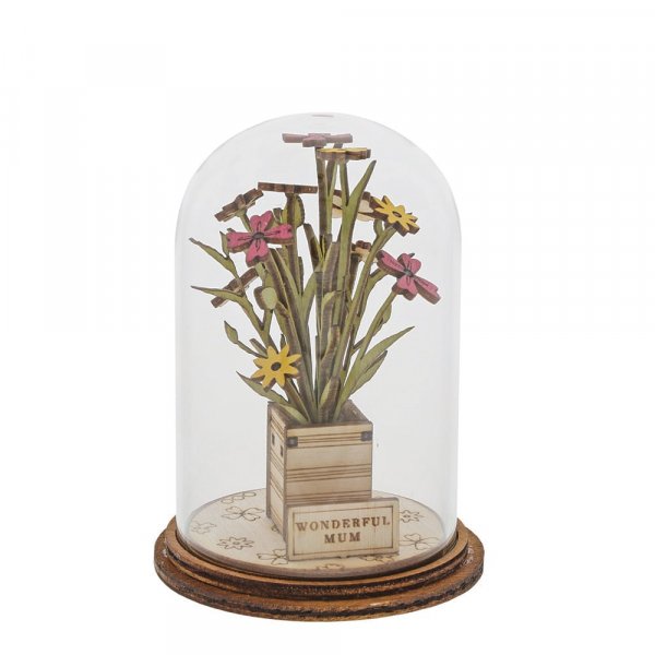 Wonderful Mum Flower Figurine A gift perfect for a Wonderful Mum. This eco-friendly glass dome decoration encases a bunch of beautiful yellow, pink and white flowers, adorned with an 'Wonderful Mum plaque.