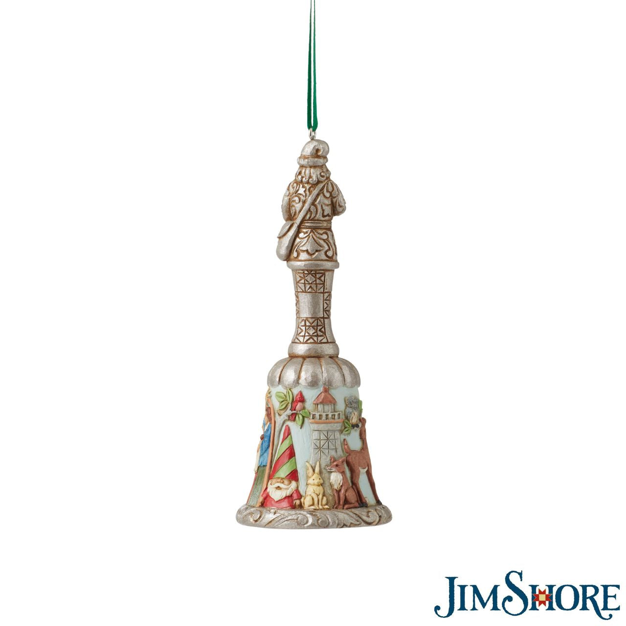 Jim Shore Heartwood Creek 20th Anniversary Bell Ornament  This elegant bell celebrates 20 years of designs with an emerald green crystal in Santa's hand and a platinum painted finish. The hanging bell makes a lovely addition to any Christmas tree and rings in another year of Jim Shore creations.
