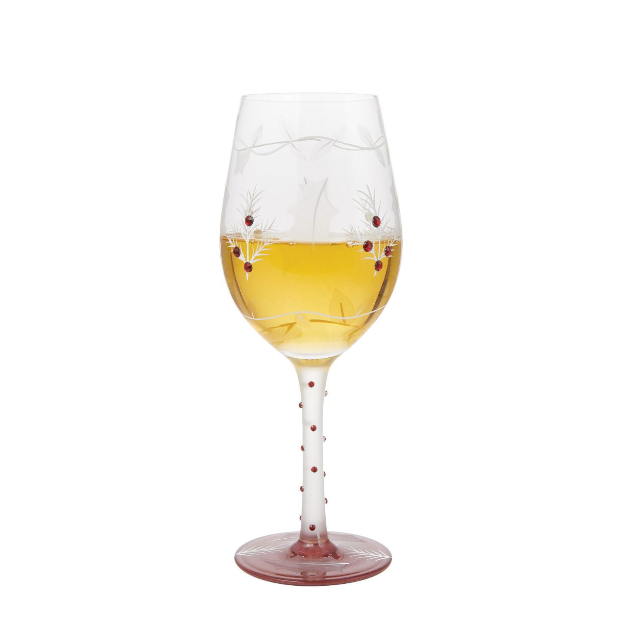 This lovely frosted wine glass enchants with a lightly painted winter forest scene. Encircled with vines and embossed holly leaves, this nature inspired cup enchants with inlaid red crystals and delicate stencilling. Have a Merry Berry Christmas.