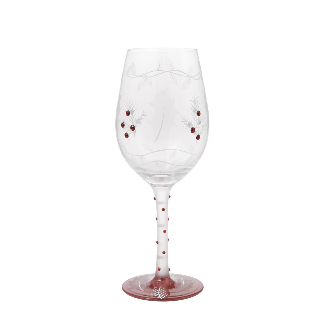 This lovely frosted wine glass enchants with a lightly painted winter forest scene. Encircled with vines and embossed holly leaves, this nature inspired cup enchants with inlaid red crystals and delicate stencilling. Have a Merry Berry Christmas.