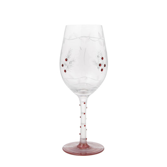 This lovely frosted wine glass enchants with a lightly painted winter forest scene. Encircled with vines and embossed holly leaves, this nature inspired cup enchants with inlaid red crystals and delicate stencilling. Have a Merry Berry Christmas.