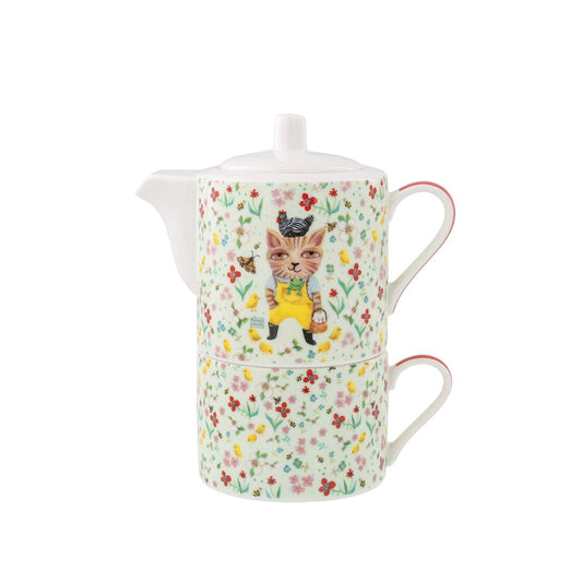 Small ceramic teapot with matching cup for 1 person. Perfect for drinking tea alone, and making this moment of relaxation your little moment to yourself. Original and colourful design by artist Michelle Allen for the Allen Designs collection.