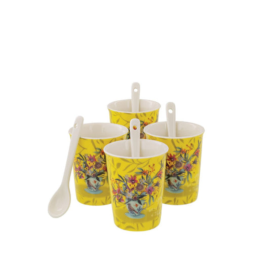 Assortment of 4 cups with ceramic spoons, ideal for drinking coffee with family or friends. Original and colourful design by artist Michelle Allen for the Allen Designs collection.