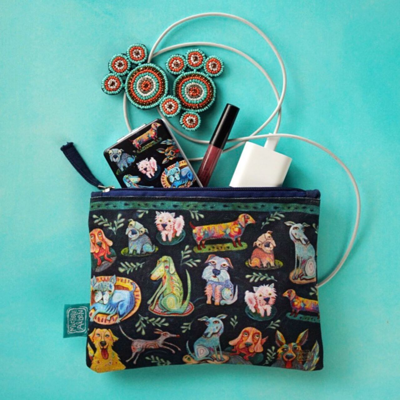 Dog Park Zipped Pouch Large by Allen Design  These beautiful zippered 100% Cotton pouches are perfect for pencils/pens, trinkets, charging cords, make up or pretty much anything you can possibly think of. Exclusively designed by Michelle Allen.