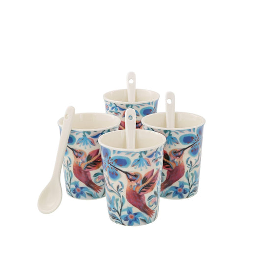 Assortment of 4 cups with ceramic spoons, ideal for drinking coffee with family or friends. Original and colourful design by artist Michelle Allen for the Allen Designs collection. Each cup 7.0cm