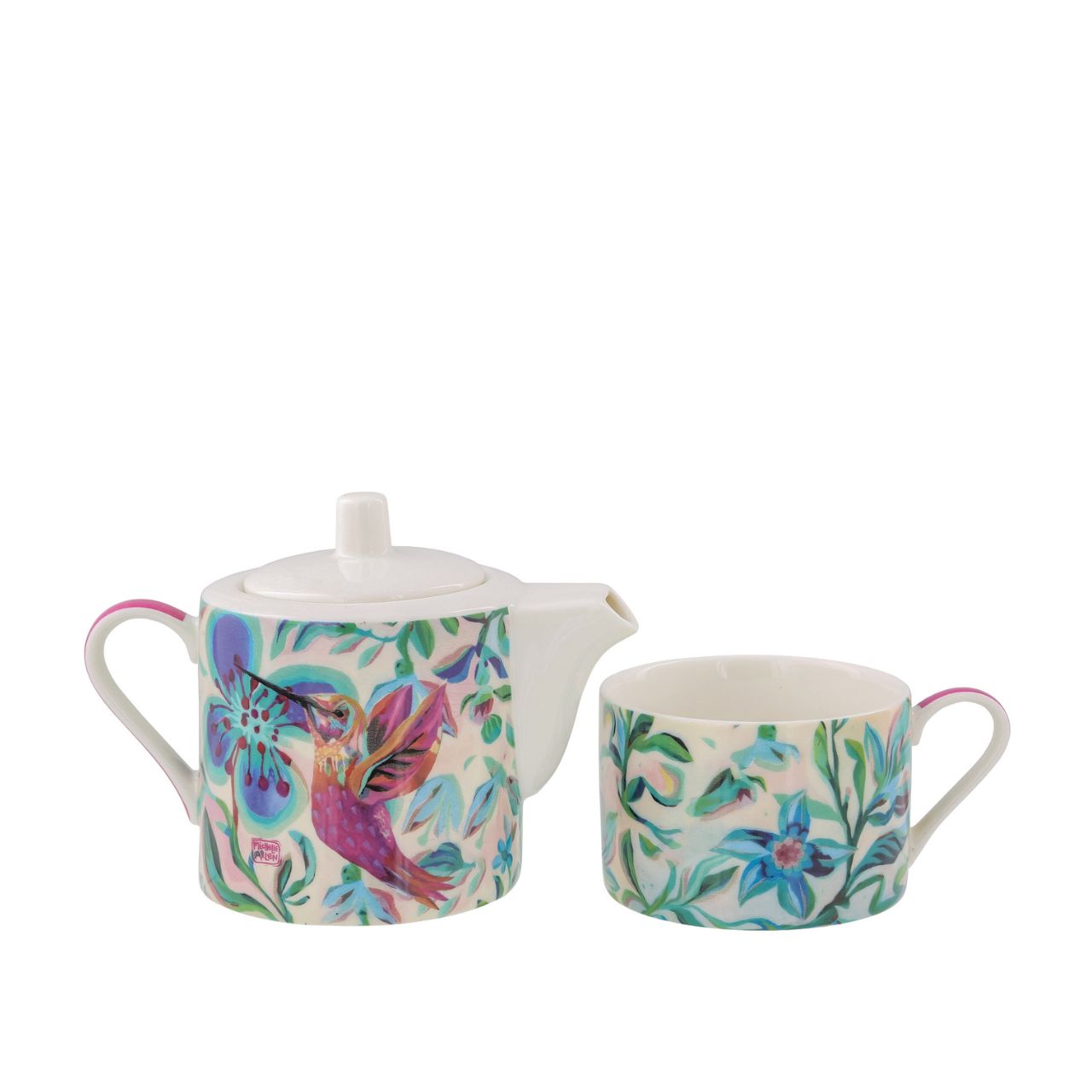 Small ceramic teapot with matching cup for 1 person. Perfect for drinking tea alone, and making this moment of relaxation your little moment to yourself. Original and colourful design by artist Michelle Allen for the Allen Designs collection.
