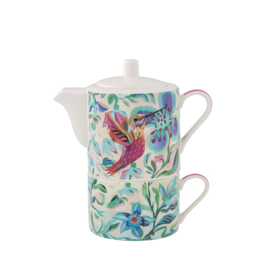 Small ceramic teapot with matching cup for 1 person. Perfect for drinking tea alone, and making this moment of relaxation your little moment to yourself. Original and colourful design by artist Michelle Allen for the Allen Designs collection.
