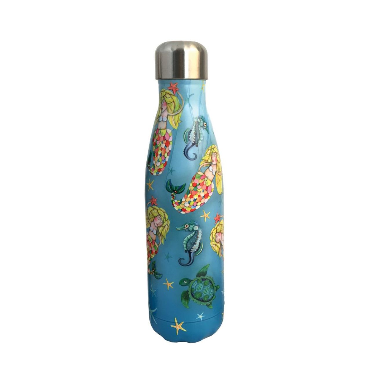 Allen Design Under The Sea Mermaid Water Bottle  Our Under The Sea Mermaid Reusable Water Bottle is made of high-quality, double-walled stainless steel. They are BPA-free and have a special spill-proof vacuum seal keeping your favourite beverage inside hot or cold for at least 12 hours and up to 24 hours.