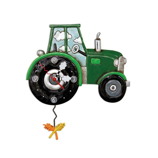 Harvest Time. Hope you love this green tractor clock as much as we do. The perfect, classic green, big back wheel, and silver tractor details give this clock so much character. Full of hand-painted details, this is a piece of art you'll to keep forever. Exclusively designed by Michelle Allen.