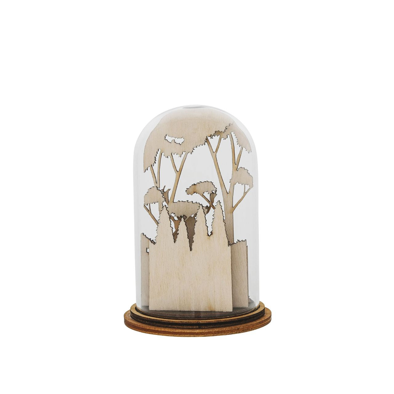 Greetings from Tiny Town. A town where characters are no bigger than a matchstick and a place where celebrating good times is an everyday event. This glass dome decoration encases a beautiful scene of a Stag and deer on the edge of their natural habitat that has grown through the base of the Kloche.