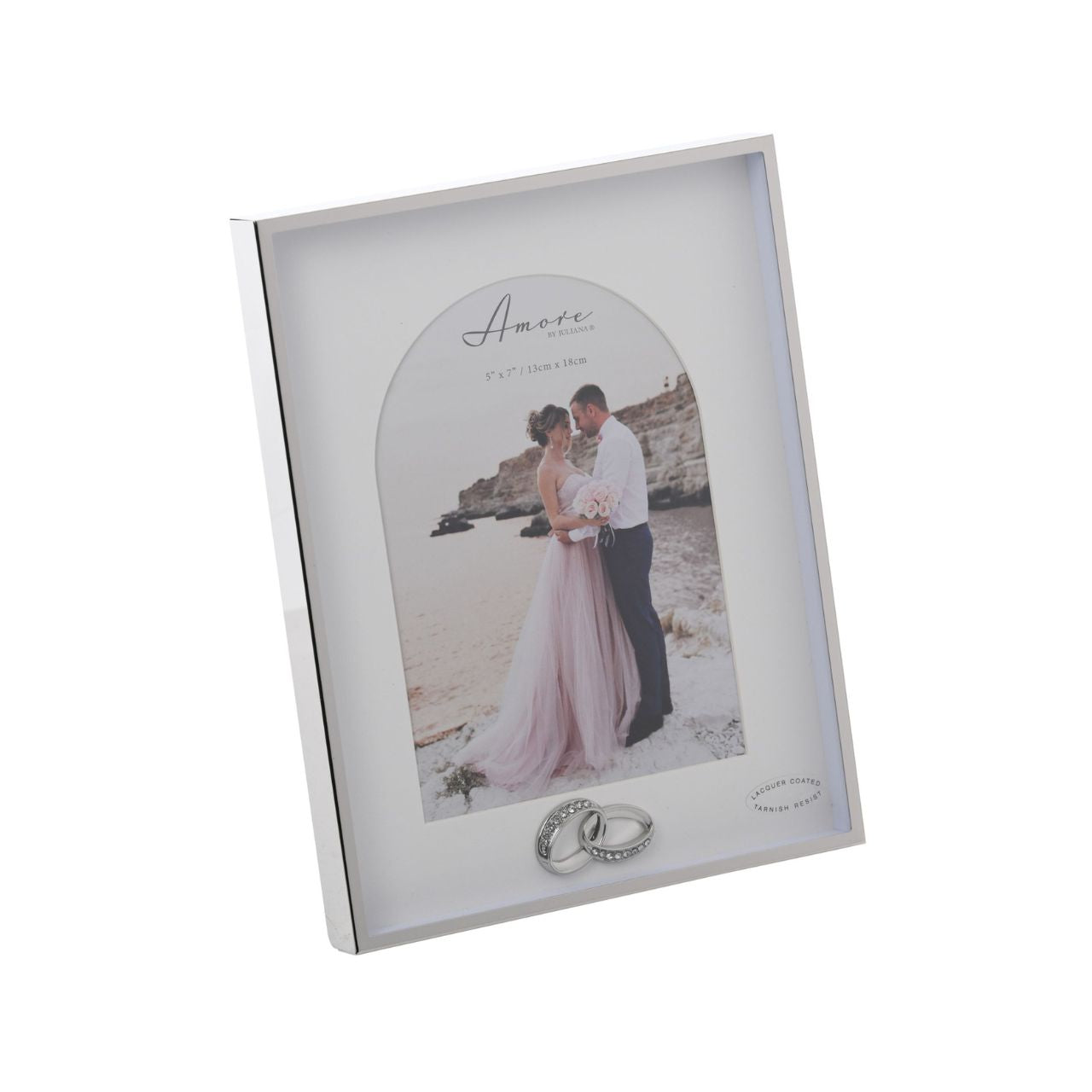Introducing the AMORE BY JULIANA Box Arch Photo Frame with Rings, an exquisite addition to your collection of wedding and anniversary gifts.