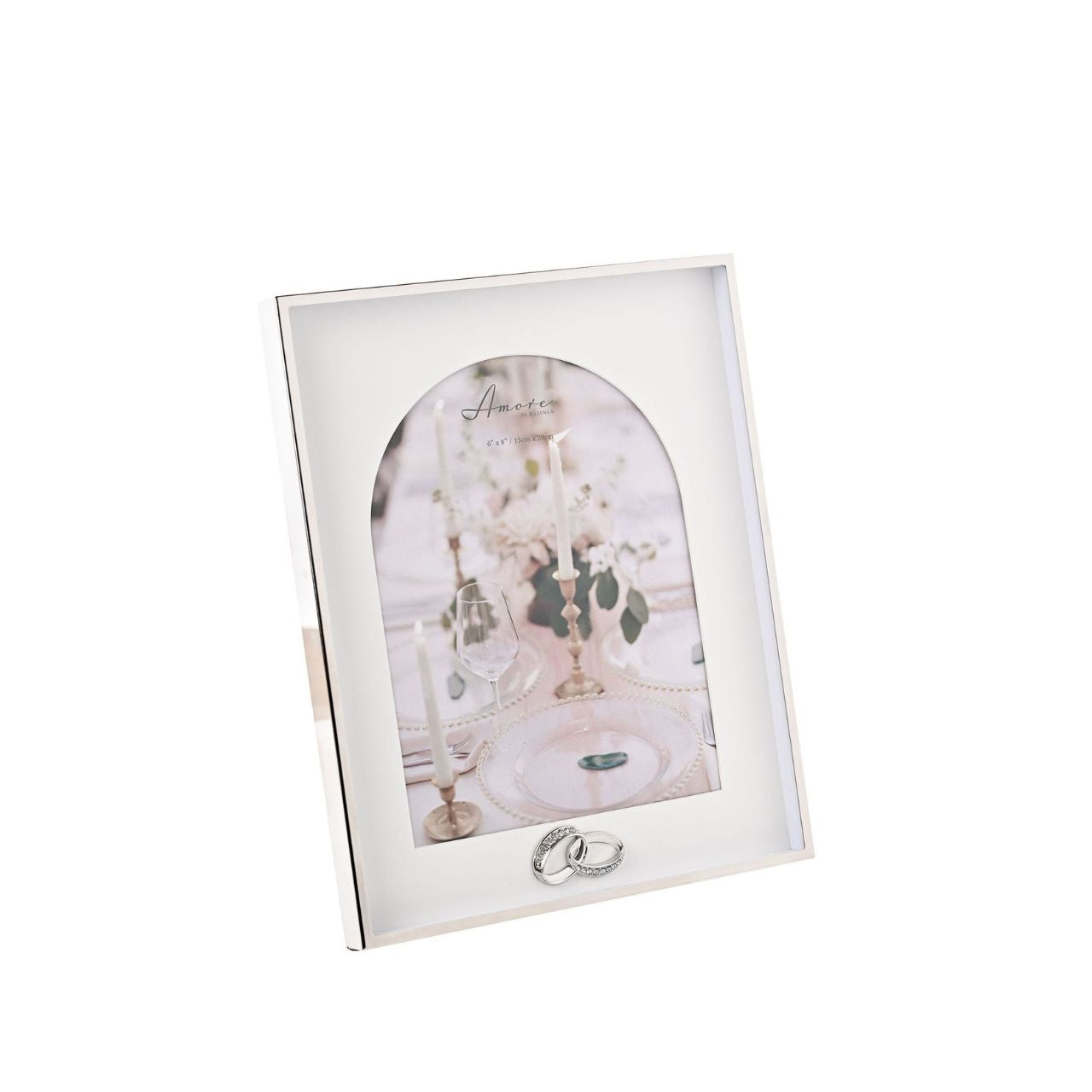 Introducing the AMORE BY JULIANA Box Arch Photo Frame with Rings, an exquisite addition to your collection of wedding and anniversary gifts.