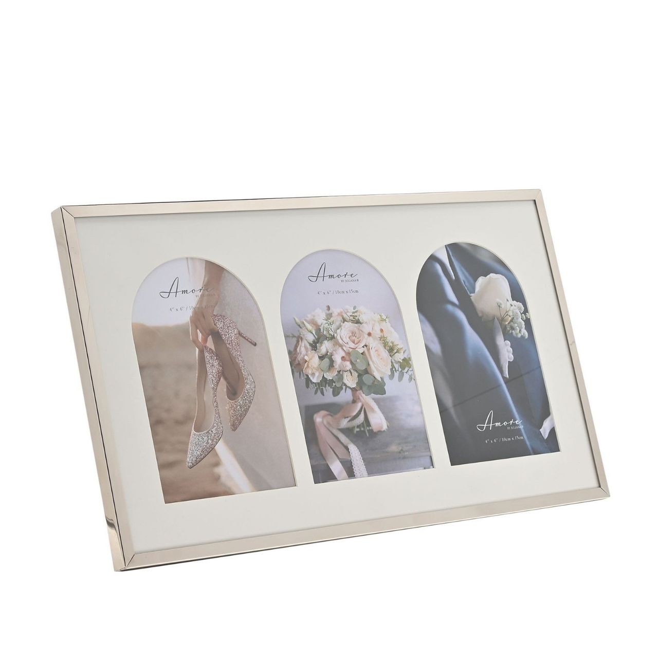 An AMORE BY JULIANA Triple Photo Frame with Arch Mounts, an exquisite addition to your range of wedding and anniversary gifts. Part of a stunning new collection that are all influenced by the trend in curves and arches.