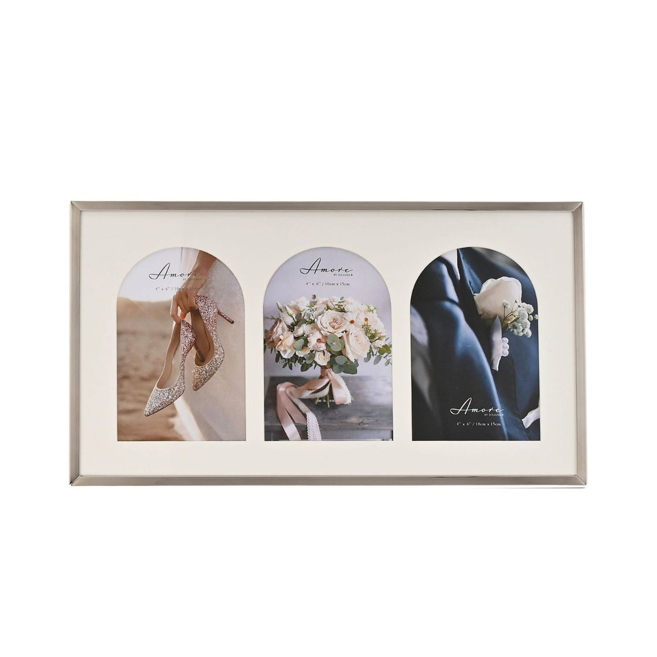 An AMORE BY JULIANA Triple Photo Frame with Arch Mounts, an exquisite addition to your range of wedding and anniversary gifts. Part of a stunning new collection that are all influenced by the trend in curves and arches.