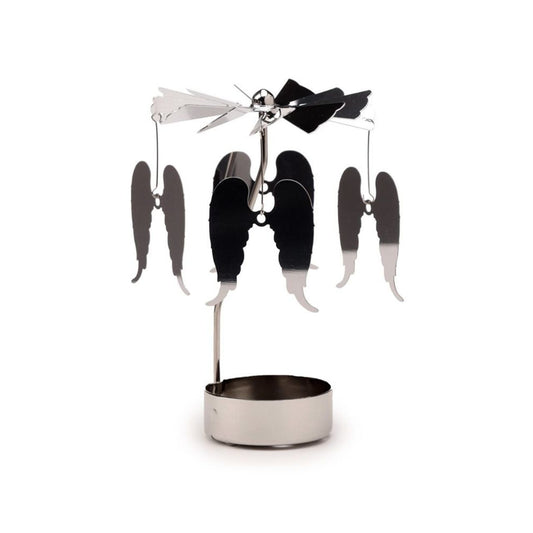 Illuminate any room with the stunning Angel Wings Rotating Carousel Spinning Tea Light Candle Holder. Made with delicate angel wings, this carousel spins gently while holding a tea light candle, creating a soothing and magical atmosphere. The perfect addition to any home décor.