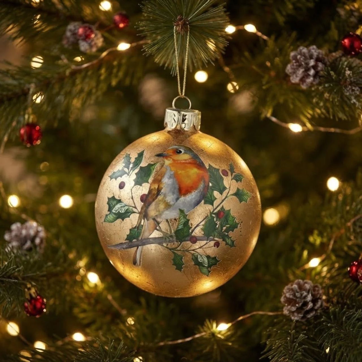 This stunning antique gold glass Christmas bauble from Gisela Graham features a delightful robin perched on top, adding a touch of festive charm to your decorations. The intricate design provides an elegant and unique look to any holiday display.