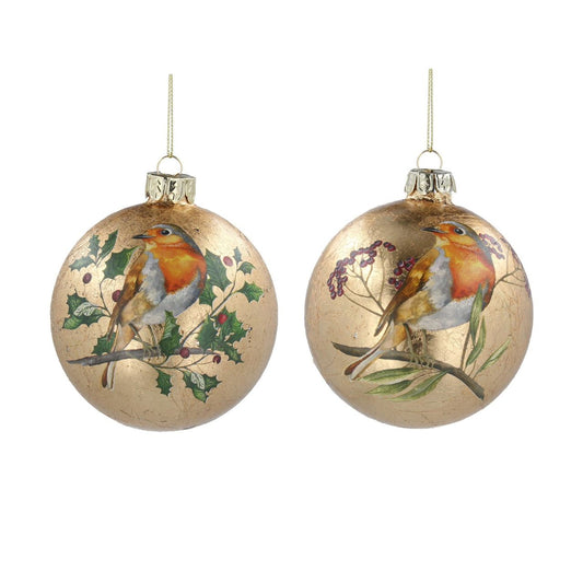 Gisela Graham Antique Gold Glass Christmas Bauble With Robin  This stunning antique gold glass Christmas bauble from Gisela Graham features a delightful robin perched on top, adding a touch of festive charm to your decorations. The intricate design provides an elegant and unique look to any holiday display.