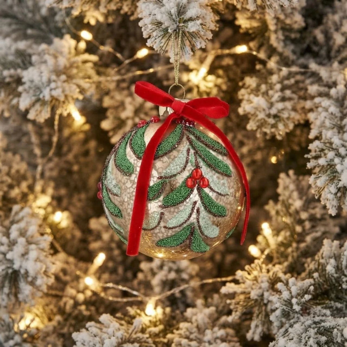 Elevate your festive décor with this exquisite Gisela Graham Christmas bauble. Crafted in antique gold with delicate vine detailing and a striking red bow accent, this elegant ornament brings timeless sophistication to any Christmas tree.